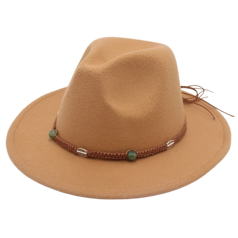 Wool Felt Fedora Wide Brim Jazz Hat With Woven Band Green Beads Metal Ornaments Bohemian Vintage Style For Women Men