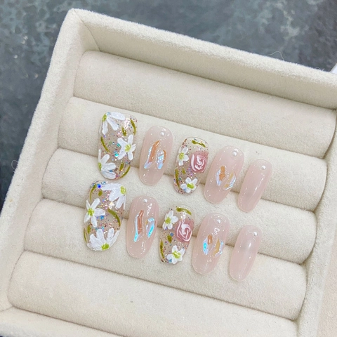 Handmade Press On Nails 3D Magnolia Flower Hand Painted Sheer Pink Shell Glitter Square Round Style For Women