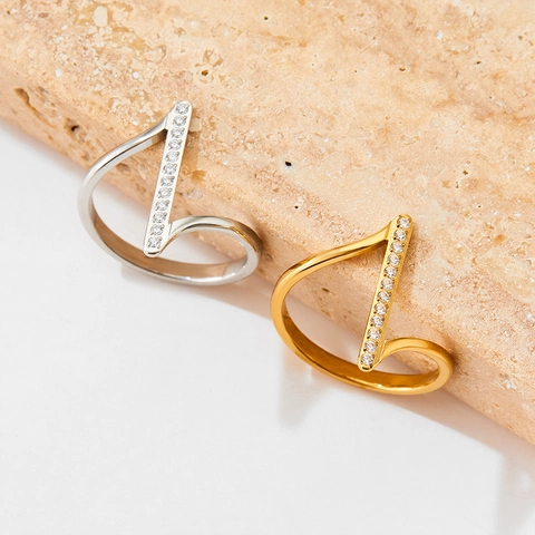 Roestvrij Staal Cubic Zirconia Open Ring Verstelbaar Minimalistisch Geometrisch Verticale Balk Sieraden Voor Vrouwen