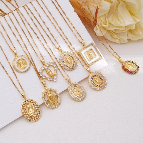 Collier Pendentif Vierge Marie Cuivre Plaqué Or Zircone Bijoux Religieux Pour Femmes Notre Dame De Guadalupe Rétro