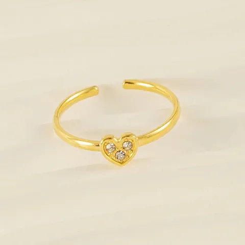 Stainless Steel Heart Adjustable Ring 18K Gold Plated With Cubic Zirconia For Women Minimalist Fashion Jewelry