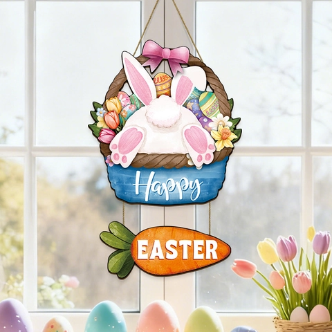 Happy Easter Holz Hängeschild Hase Osterei Blumenkorb Karotte Holz Türschild Wanddeko Für Frühling Hausparty