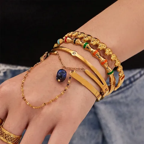 Stainless Steel Bangle Bracelet Colorful Enamel Bamboo Joint Skull Natural Stone Waterproof Fashion Jewelry For Women