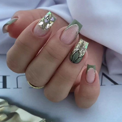 French Tip Press On Nails Bamboo Green Glitter Hand Painted Leaf Shell Sequins ABS Plastic Square Fake Nails
