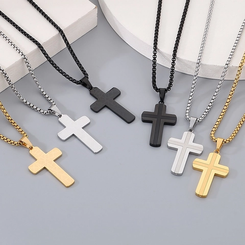 Roestvrijstalen Kruis Hanger Ketting Geometrische Textuur Gebed Gegraveerd Religieuze Sieraden Voor Heren Dames