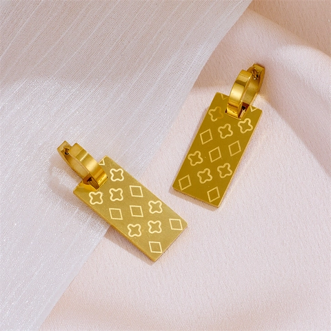 Stainless Steel Square Hoop Earrings 18K Gold Plated Engraved Clover Geometric Pattern Minimalist Fashion Jewelry Women