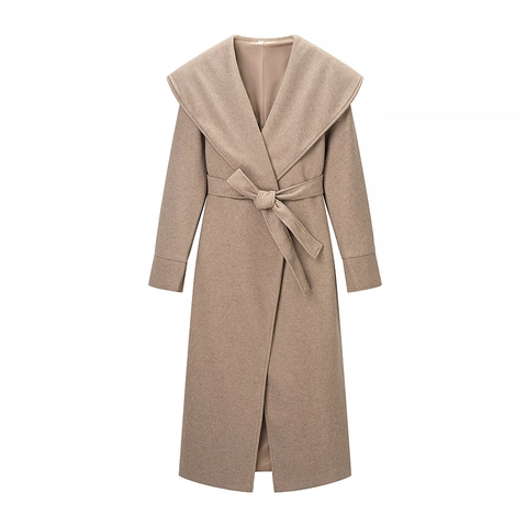 Abrigo De Lana Largo Para Mujer Solapa Grande Con Cinturón Elegante Sobretodo Envolvente Invierno Otoño Color Sólido