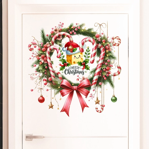 Weihnachtskranz Wandtattoo Wasserdicht PVC Selbstklebend Türaufkleber Cartoon Käse Design Festliche Haus Dekoration