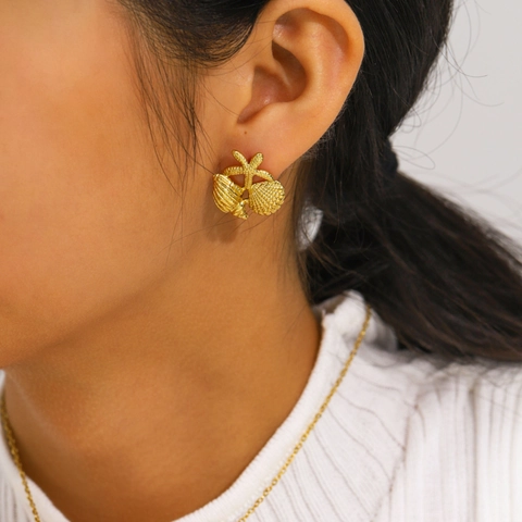 Collier Et Boucles D'oreilles À Pendentif Étoile De Mer Et Coquillage Océan Acier Inoxidable 304 Doré 18K Pour Femmes