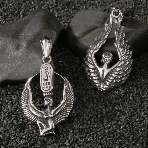 Collar Colgante De Acero Inoxidable Vintage Diosa Egipcia Isis Alas De Ángel Luna Estrella Hada Joyería Gótica Punk