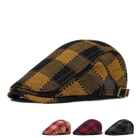 Retro Geruite Newsboy Pet Polyester Verstelbare Metalen Gesp Flat Cap Britse Stijl Voor Mannen Unisex Accessoire