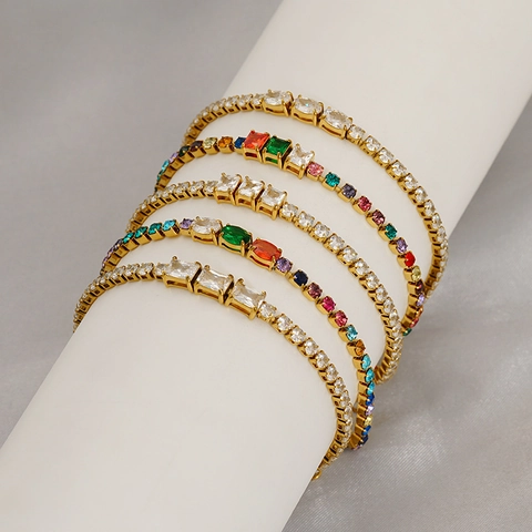 Bracelet De Tennis Femme Acier Inoxydable Plaqué Or 18K Zirconium Arc-En-Ciel Cœur Rond Carré Ajustable Bijoux