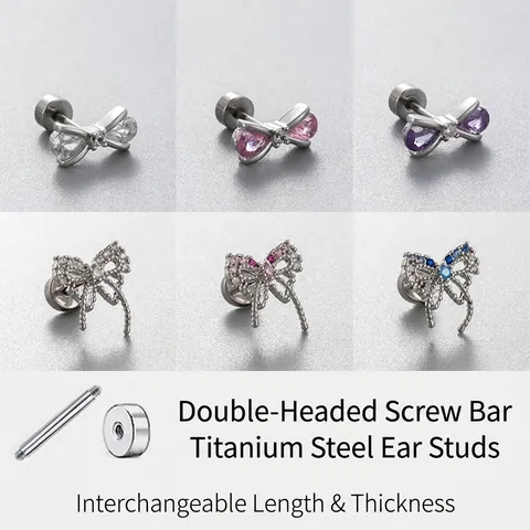 Bowknot Cartilage Stud Earrings Titanium Steel Zirconia Double Headed Screw Helix Piercing Jewelry For Women