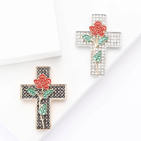 Spilla Vintage in Lega a Croce con Rosa in Smalto e Strass per Donna Accessorio per Gioielli in Stile Gotico Retrò