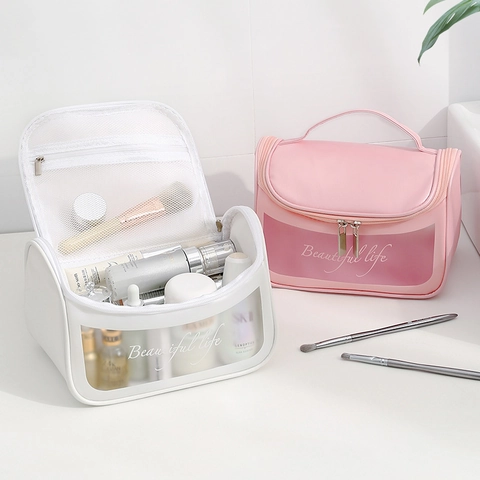 Große Kapazität Kosmetiktasche Wasserdicht PVC PU Reise Waschbeutel Transparentes Fenster Tragbarer Griff Make-up Organizer Beutel