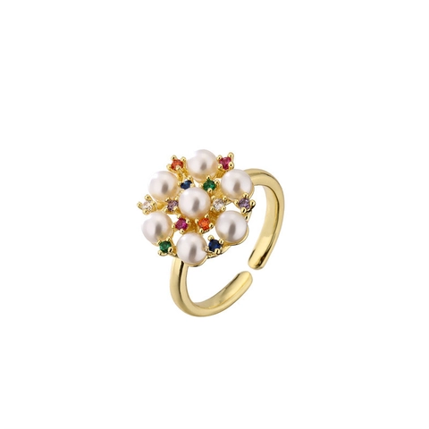Bague Ajustable Ouverte Élégante En Cuivre Künstliche Perle Zircon Micro Sertie Bijoux Mode Femmes