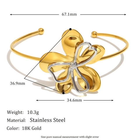 Floral Open Cuff Bangle Stainless Steel 18K Gold Plated Two-Tone Flower Minimalist Elegant Jewelry Women Gift