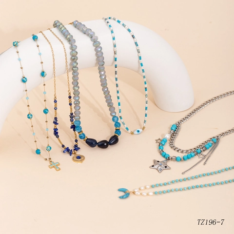 Collana con Ciondolo in Acciaio Inossidabile Boho con Perline in Pietra Blu Per Donna Perla Artificiale Malocchio Gioielli