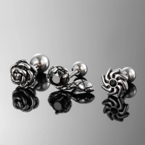 Orecchini A Lobo In Acciaio Inossidabile Vintage Con Design Rosa Serpente Sole Zircone Nero Gioielli Per Uomo Donna