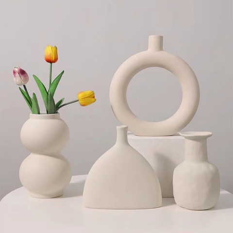 Vaso Ceramica Astratto Stile Nordico Minimalista Nero Opaco Contenitore Geometrico Per Arredamento Soggiorno Moderno
