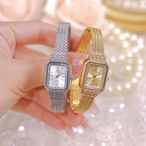 Montre À Quartz De Luxe Pour Femme Cadran Carré Élégant Lunette En Strass Bracelet En Maille Métallique Alliage