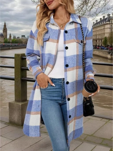 Dames Lange Geruite Shacket Wolmix Button Down Overhemdjas Met Borstzakken Casual Herfst Winter Bovenkleding