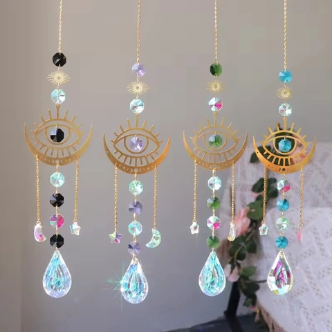 Attrape-Soleil En Cristal Ornement À Suspendre Lune Œil De Protection Étoile Métal Prisme Arc-En-Ciel Décor Fenêtre Jardin