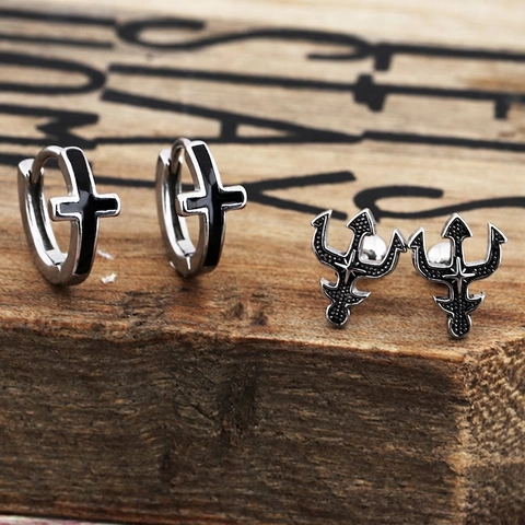 Stainless Steel Cross Hoop And Trident Stud Earrings Vintage Gothic Punk Style For Men Women Unisex Accessory