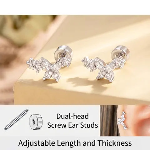 Butterfly Flower Ear Cartilage Stud Titanium Steel Zircon Screw Back Piercing Jewelry For Women