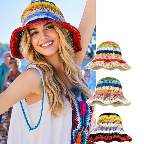 Handmade Woven Rainbow Striped Sun Hat Women Summer Beach Foldable Breathable Wide Brim Bucket Hat Bohemian Style