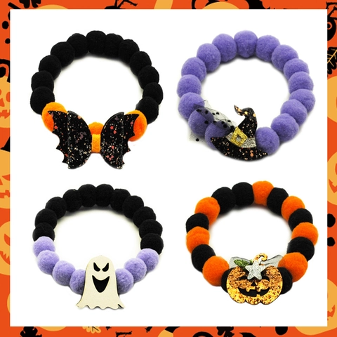 Pet Halloween Collar Pom Pom Elastic Decorative Pumpkin Ghost Bat Witch Hat Neck Yarn Accessories For Cats And Dogs Festive