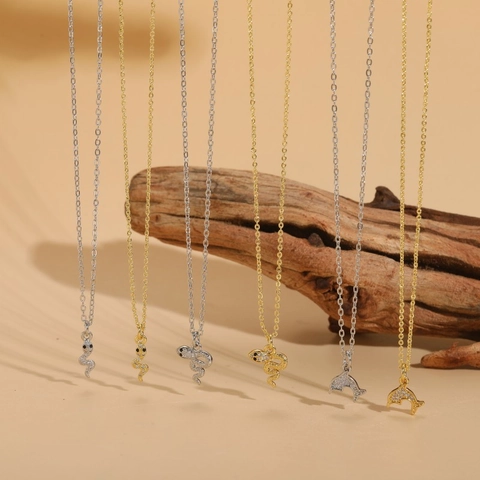Collana Con Ciondolo Serpente Delfino In Rame E Zirconi Placcata Oro 14K Choker Catena Clavicola Gioielli Animali Donna
