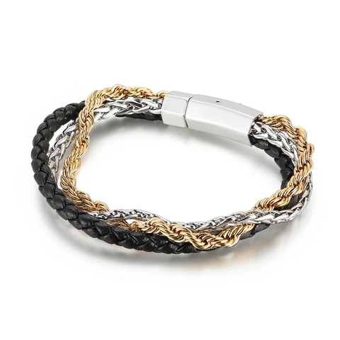 Pulsera Hombre Multicapa Cuero Trenzado Acero Inoxidable Cadena Tejido Negro Oro Plata Punk Cierre Magnético Moda