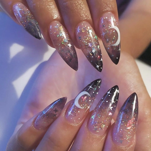 Halloween Stiletto Faux Ongles Long Lune Étoile Dégradé Paillettes Plastique Pour Femmes Manucure