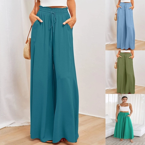 Women High Waist Wide Leg Pants Polyester Spandex Blend Drawstring Elastic Waist Side Pockets Solid Color Casual Trousers