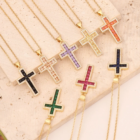 Collana Con Ciondolo A Croce Rame Micro Intarsio In Zirconia Pietra Quadrata Colorata Trendy Placcato Oro Per Donne