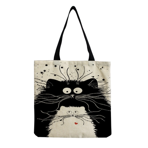 Cartoon Cute Exploded Hair Cat Cotton Linen Shopping Bag Large Capacity Reusable Eco Friendly Grocery Tote Bag For Women Daily Work Use