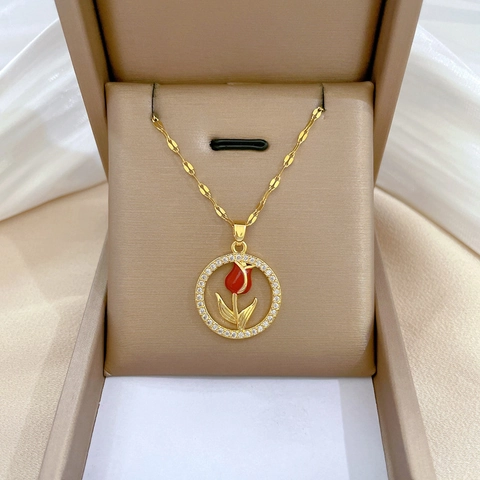 Collana In Acciaio Inossidabile Con Ciondolo Rotondo In Rame Con Tulipano Rosso Zircone Gioielli Floreali Eleganti Per Donna