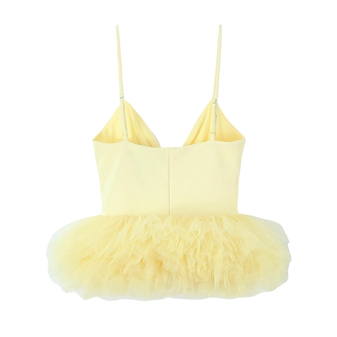 Damen Mesh Camisole Top V Ausschnitt Ärmellos Rüschen Tüll Saum Puff Streetwear Balletcore Hellgelb Elastisch