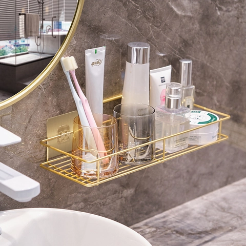 Bathroom Storage Rack Wall Mounted Gold Iron Punch Free Shelf For Toilet Shower Kitchen Organizer