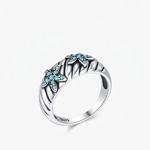 Starfish Ring 925 Sterling Silver Vintage Oxidized Synthetic Turquoise Marine Style Fashion Jewelry For Women