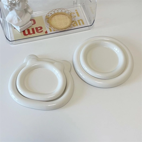 Keramikteller Dessertteller Weiß Minimalistisch Rund Abgerundeter Rand Für Frühstück Snacks Bärenform Dekoratives Tablett