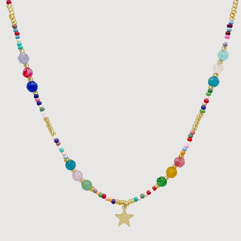 Collana da Donna Bohemienne con Perline in Pietra Naturale Multicolore Ciondolo a Stella in Acciaio Inossidabile Gioielli