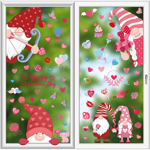 Valentijnsdag Raamstickers PVC Statische Film Dubbelzijdig Gnomes Harten Ballonnen Romantische Glasstickers Decoratie
