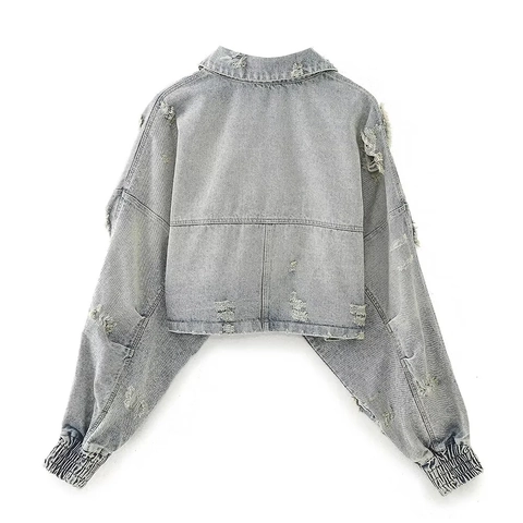 Women's Ripped Distressed Washed Denim Jacket Cropped Long Sleeve Zipper Front Chic Streetwear Lapel Coat