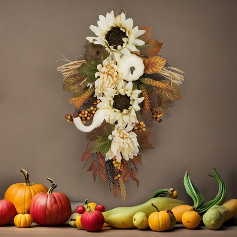 Autumn Teardrop Swag Wreath Artificial Sunflower White Pumpkin Maple Leaf Decoration For Harvest Thanksgiving Door