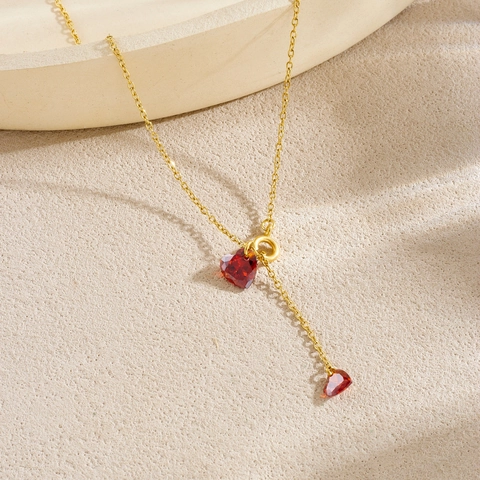 Herz Anhänger Halskette Edelstahl Roter Rhinestone Y-Form Vergoldet Minimalistischer Schmuck Für Damen