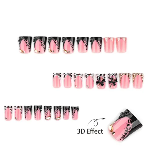 Leopard Print Press On Nails With 3D Black Bow And Rhinestone Long Tapered Square Glossy Pink Black Fake Nails