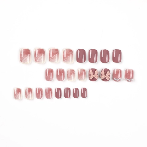Short Square Press On Nails Red Pink Marble Smudge Relief Bow Artificial Pearl Detachable Sweet Style For Women With Glue