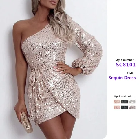 Women Elegant One Shoulder Sequin Dress Long Sleeve Slim Fit Bodycon Mini Dress For Evening Party Banquet Prom Sexy Dress